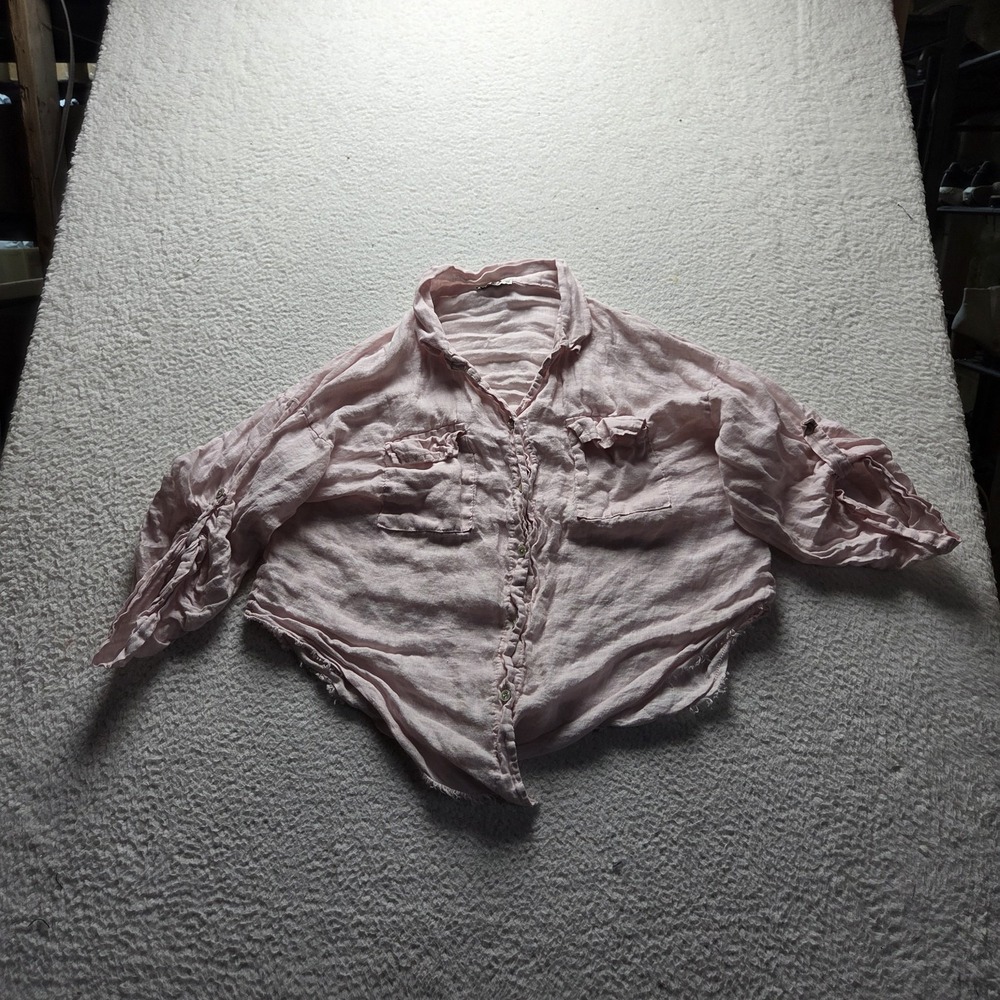 Linen O Button Up Shirt Womens 2XL Pink 100% Linen Collared Roll Tab Top